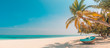 Tropical beach panorama as summer landscape with beach swing or hammock and white sand and calm sea for beach banner. Perfect beach scene vacation and summer holiday concept. Boost up color process