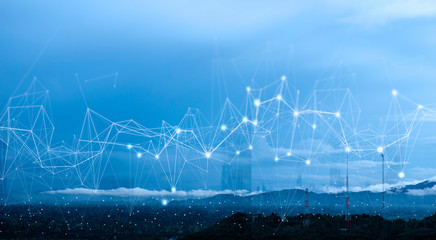 Fototapete - Wireless network and Connection technology concept with Abstract Bangkok city and landscape background