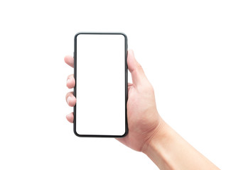 Male hand holding the black smartphone with blank screen isolated on white background with clipping path.