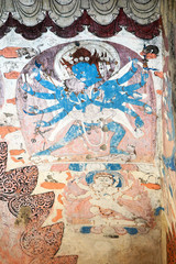  Medieval murals (wall painting) in buddhist temple in Tsaparang (capital of Guge kingdom). Satlej valley, Tibet, China, Asia.