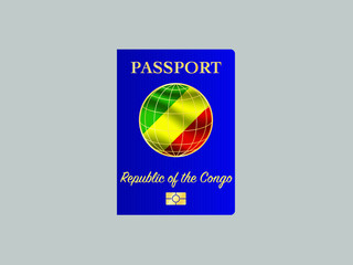 Republic of the Congo  National flag with International Passport with biometric digital data chip, realistic blue cover, vector illustration for icon, logo, brand, travel agency