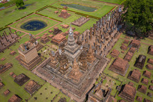 Aerial View Of Ancient Buddha Statue At Wat Mahathat Temple In Sukhothai Historical Park, Thailand.