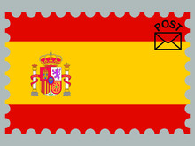 Spain national flag with inside postage stamp isolated on background. original colors and proportion. Vector illustration, from countries flag set