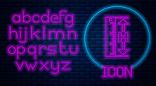 Glowing Neon The Measuring Height And Length Icon Isolated On Brick Wall Background. Ruler, Straightedge, Scale Symbol. Neon Light Alphabet. Vector Illustration