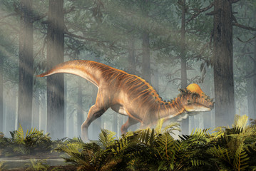 Aufkleber - A brown Pachycephalosaurus in a dense forest. Pachycephalosaurus known for it's thick skull, was an dinosaur of the Cretaceous in North America. 3D Rendering