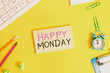 © Artur - Handwriting text Happy Monday. Conceptual photo telling that demonstrating order to wish him great new work week Flat lay above copy space on the white crumpled paper