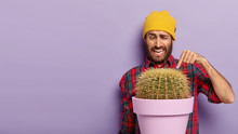 Horizontal Shot Of Handsome Unshaven Man Points Index Finger At Prickly Cactus, Wears Casual Checkered Shirt And Yellow Hat, Poses Over Purple Background With Potted Plant, Copy Space Area For Text