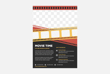 Cinema Movie Festival Poster Card Template With Realistic Clapper Board For Ad, Invitation, Presentation . Vector Illustration Of Film Flyer. Layout Space For Photo Collage. Red, Yellow And Black