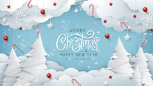 Winter Christmas Composition In Paper Cut Style.Merry Christmas Text Calligraphic Lettering Vector Illustration.