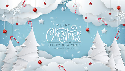 winter christmas composition in paper cut style.merry christmas text calligraphic lettering vector i