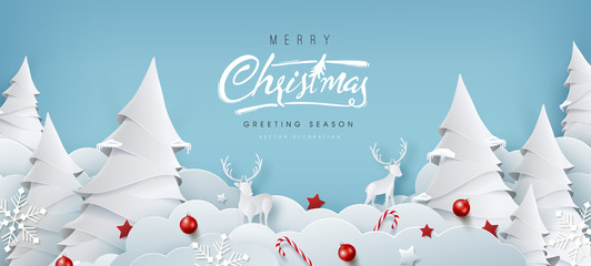 winter christmas composition in paper cut style.merry christmas text calligraphic lettering vector i
