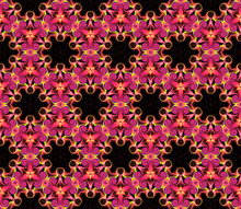 Abstract Bright Pink Kaleidoscope Symmetric Pattern On A Black Background.