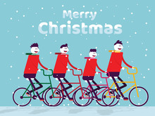 Christmas Cycling. Celebration And Holiday Concept, Flat Cartoon Vector Design.