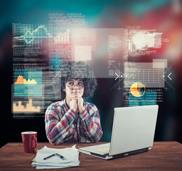 woman working on laptop at home and digital screen