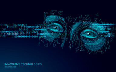 Programmer 3D low poly face code flow. Depression anxiety frustration emotion hard work problem. Video game computer internet addiction concept. Mental disease stress vector illustration