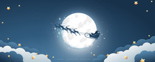 Full Moon On Christmas Day With Santa Claus Flying On The Sky. Vector Illustration.