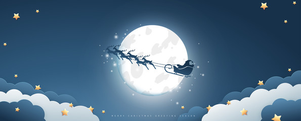 full moon on christmas day with santa claus flying on the sky. vector illustration.