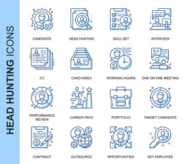 Thin Line Head Hunting Related Vector Icons Set for Website and Mobile Site and Apps. Outline icons design. Contains such Icons as Candidate, CV, Card Index, Outsource and more. Linear Pictogram Pack.