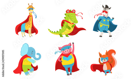 Cuadros en Lienzo Cartoon animals in costumes of superheroes. Vector illustration.