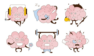 Sticker - Set of cartoon brains in different life situations. Vector illustration.