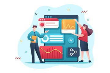 Canvas Print - young entrepreneurs review reports and analyze data. flat 2d character. concept for web design