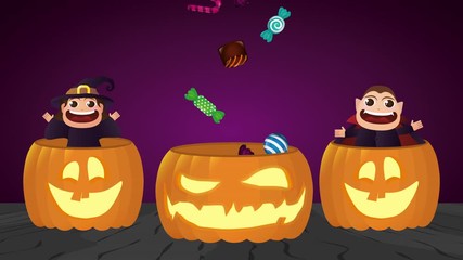 Poster - halloween pumpkin and kids disguised with sweet candies