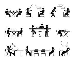 silhouettes of people sitting at a table, various social situations, stick figure people, pictogram of a person at work, in a restaurant, in a bar