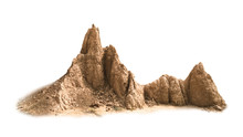 Brown Stone Mountain And Abstract Texture Isolated On Pure White Background. Termite Mound Or Arid Solid With Geology Concept.