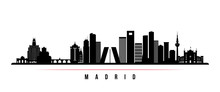 Madrid Skyline Horizontal Banner. Black And White Silhouette Of Madrid, Spain . Vector Template For Your Design.