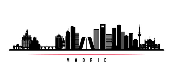 Madrid skyline horizontal banner. Black and white silhouette of Madrid, Spain . Vector template for your design.