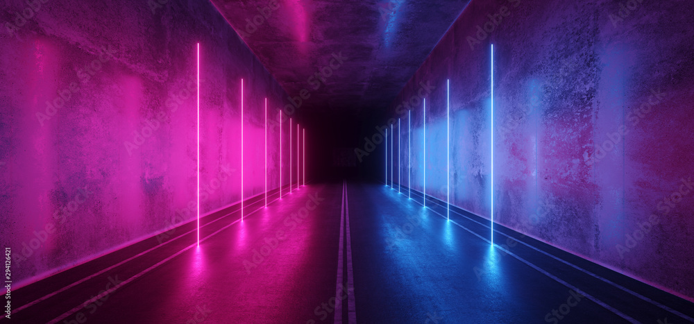 Asphalt Cement Road Double Lined Sci Fi Futuristic  Concrete Walls Underground Dark Night Car Show Neon Laser Led Lights Glowing Purple Blue Arc Virtual Stage Showroom 3D Rendering - obrazy, fototapety, plakaty 