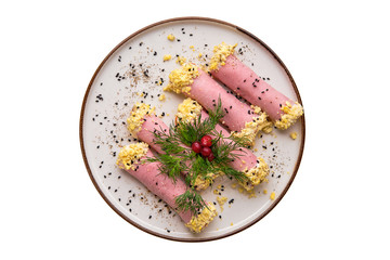 Delicious rolls made of ham stuffed with cheese, garlic and mayonnaise isolated on white