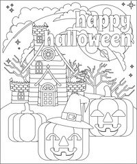 Poster - A Happy Halloween background or party invite with a Haunted House and carved Jack O Lantern pumpkins