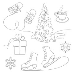 Wall Mural - vector one line set of different winter elements - mittens, skies, fir tree, snowflakes etc.