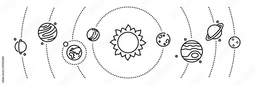 Planet line icons. Cosmos objects and solar system planets infographic elements. Vector illustration astronomy and space thin line banner universe map symbols - obrazy, fototapety, plakaty 