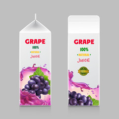 Juice carton box in drink 3d pack with grape branch isolated realistic vector illustration