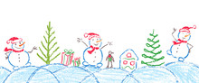Like Child Hand Drawing Christmas Tree, Gift Box, Snowdrift And Funny Smiling Snowman. Crayon, Pastel Chalk Or Pencil Hand Painting Funny Sketch Kids Doodle Style Vector Snow Background Header Banner