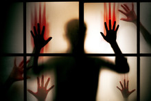 Silhouette Scared Man With Red Bloody Hands Stand Behind Glass Door , Horror Background - Image