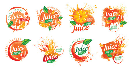 Set of vector orange juice splatter logos on white background