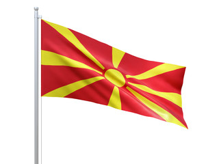 North Macedonia flag waving on white background, close up, isolated. 3D render