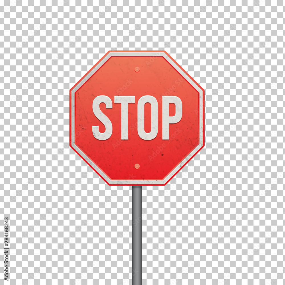 Red STOP sign isolated on transparent background. Isolated Traffic Regulatory Warning Signage. Vector illustration - obrazy, fototapety, plakaty 