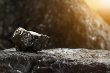 Black Coal Mine Close-up With Soft Focus. Anthracite Coal Bar On Dark Background. Natural Black Coal Bars For Background. Industrial Coal Nuggets Close Up