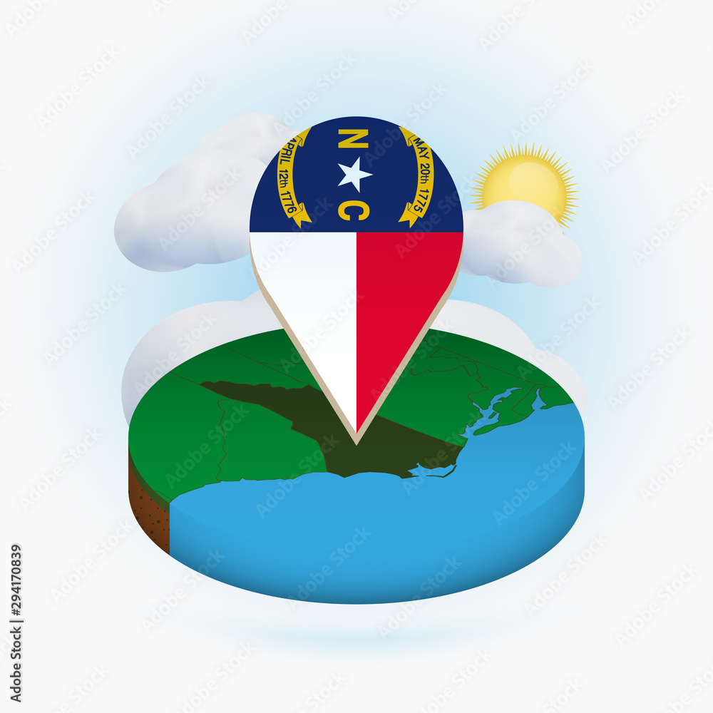 Isometric round map of US state North Carolina and point marker with ...