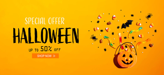 Wall Mural - Halloween sale banner with Halloween pumpkin and decorations
