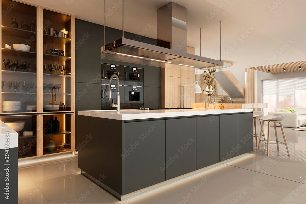 Modern kitchen interior in black colors - obrazy, fototapety, plakaty 