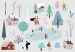 Winter collection set with home,snow,tree,people illustration for sticker,postcard,background,christmas invitation