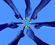 hands pointing on the same spot with an layered european union flag - agreement Elections to the European Parliament concept