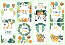 Collection Of Safari Background Set With Giraffe,balloon,zebra,lion.Editable Vector Illustration For Birthday Invitation,postcard And Sticker.Wording Include Wild And Free