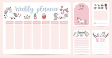 Cute Weekly Planner Background With Unicorn,rainbow,ice Cream,cloud.Vector Illustration For Kid And Baby.Editable Element