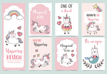 Wall Mural - Collection of unicorn background set with rainbow,unicorn,mermaid.Vector illustration for birthday invitation,postcard and sticker.Editable element